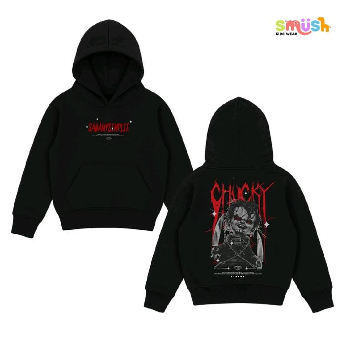 SMUSH KIDS Hoodie Anak Laki Laki Chucky rHitam Usia 7-12 Tahun Bahan Fleece GSM 240