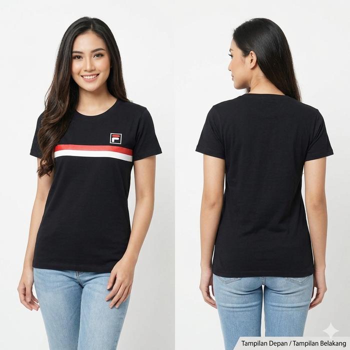 Baju Kaos Wanita Fila Hitam Original Casual Sporty T-Shirt Cewek Lengan Pendek Kaos Sablon Premium D