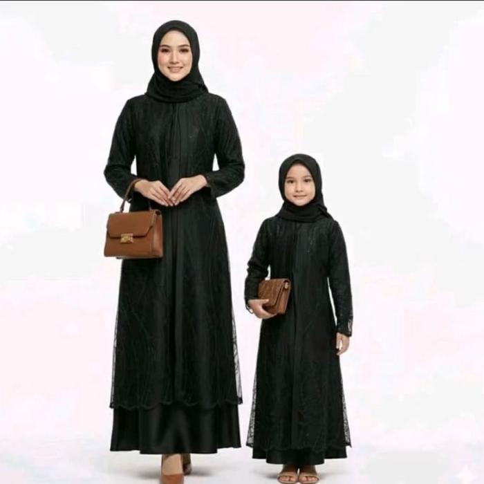 GAMIS COUPLLE IBU ANAK Lebaran Tile Dress Mewah Cantik Bahan Satin Cristal Mix Tile Sapto Ukuran M L