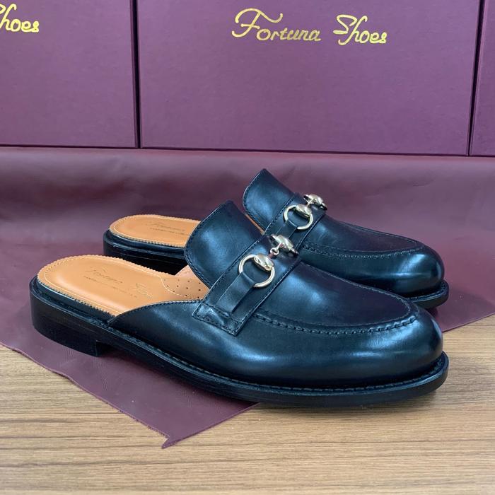 Fortuna Shoes Sandal Kulit Pria Cassual Black Mules - Half Vibram Sole