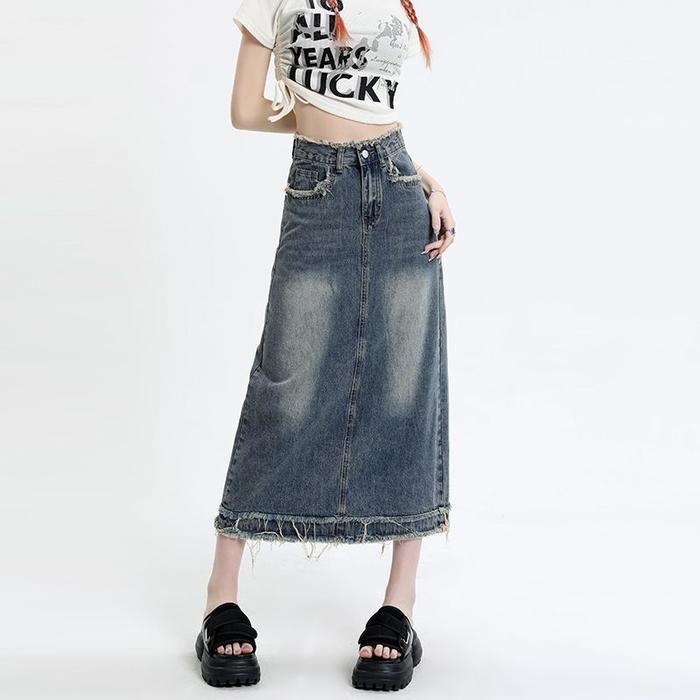 Rok Denim A Line Korean Style Hitam untuk Wanita Ukuran S-3XL Panjang 77-82 CM Fashion Kekinian Prem