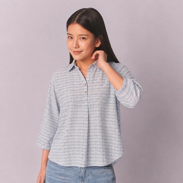 Rilley- Kemeja Sunday Blue Shirt Wanita Motif Plaid Lengan 7/8 Casual Premium
