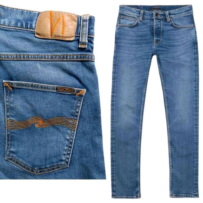 Celana jeans panjang pria slim fit, nudie Lean Dean dry salvadge original, biru terang
