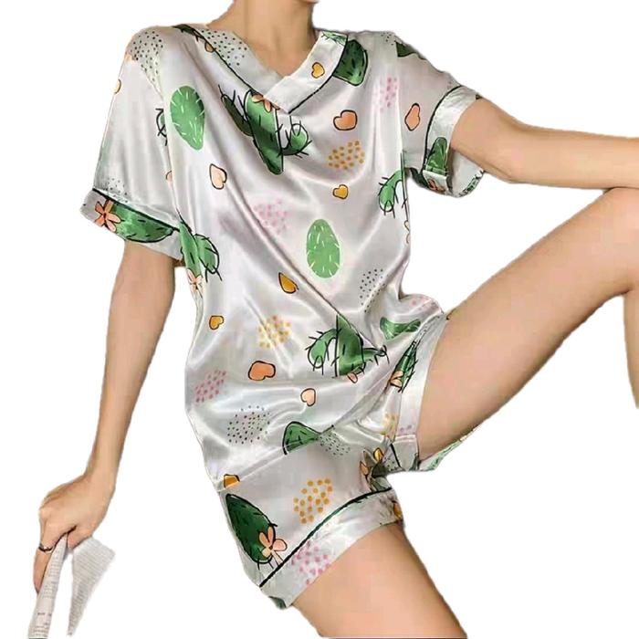 Baju Tidur SET V SATIN KAKTUS HP bahan satin  Atasan Celana Wanita Pendek