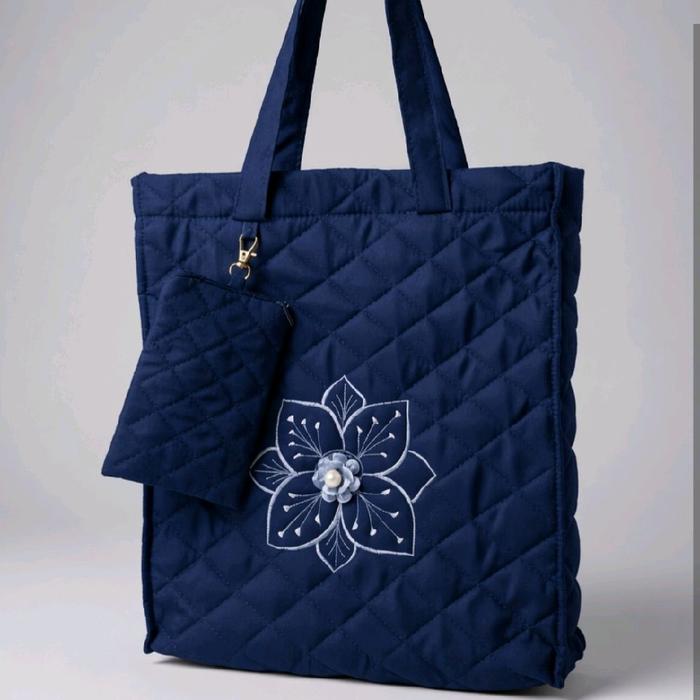 Totebag Wanita Bordir Wanita Bahan Kanvas Motif Bunga 3D Aksen Mutiara Dilengkapi Resleting Dan Free