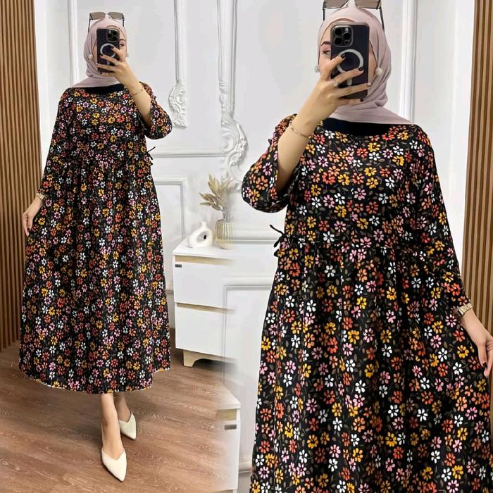 DRESS MIDI MELISA RAYON PREMIUM LD 110 POLOS MOTIF BUNGA  / GAMIS RAYON MURAH MERIAH/ GAMIS HARI RAY