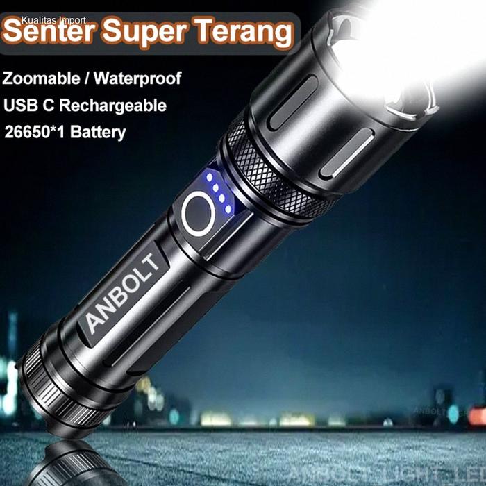 Anbolt Senter LED Super Terang Jarak Jauh Anti Air Senter LED 90000 Lumens Original USB-C Rechargeab