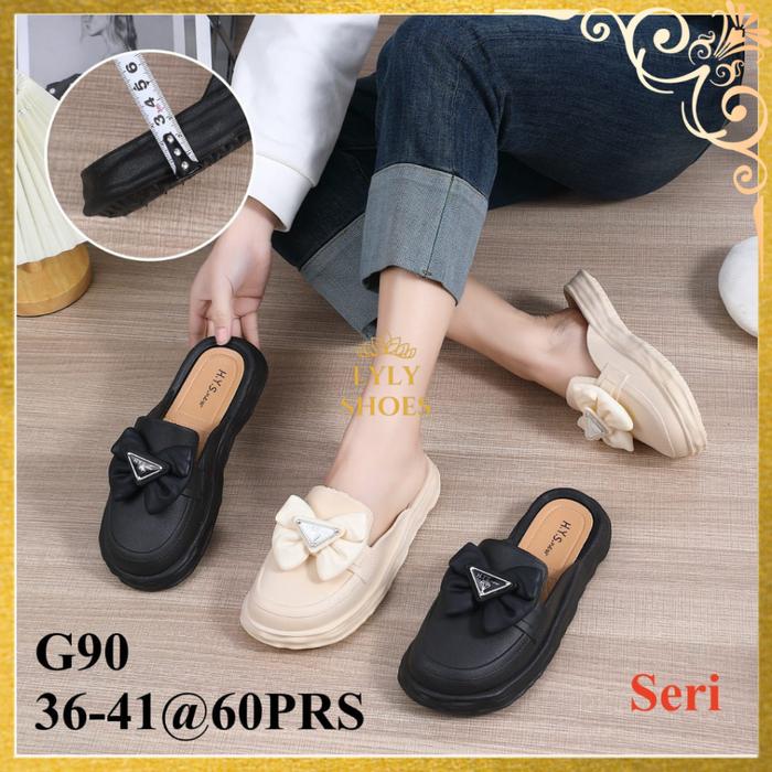 Sandal Selop Karet Wanita  H.Y.S New Motif Pita Karet Hak Rendah G90 Jelly Shoes