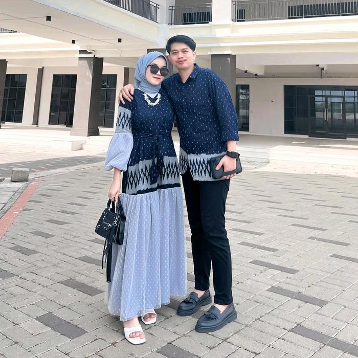 Outfit tenun_Raya dres (navy) Coupel dres (ready stok) Couple Pasangan Baju Wanita Tenun Panjang Kao