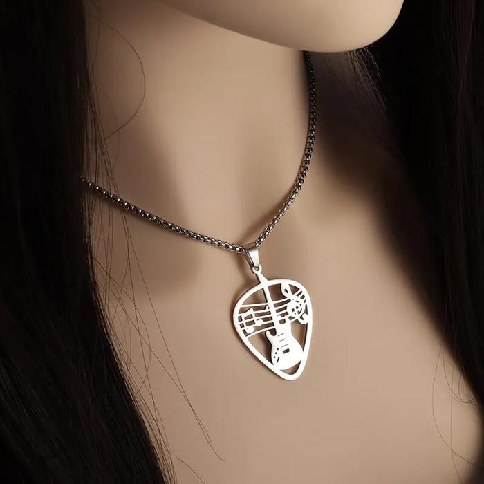 Stainless Steel Guitar Pick Bass Note Pendant Electric Guitar Necklace for Men and Women Music Rock