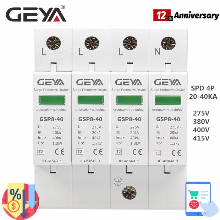 GEYA 3P+N AC SPD Din Rail 4 Pole AC275V 400V 440V 20KA-40KA AC Surge