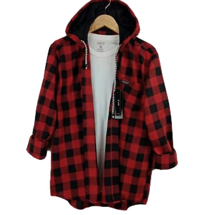Kemeja Flanel Pria Slim-Fit Katun Merah Kotak Catur Lengan Panjang dengan Hoodie Kupluk Motif Distro