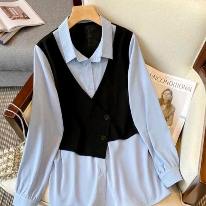 Kemeja Rompi Wanita Lengan Panjang Bahan Moscrepe Premium - Ukuran L -LD:100-102 cm Atasan, Casual,