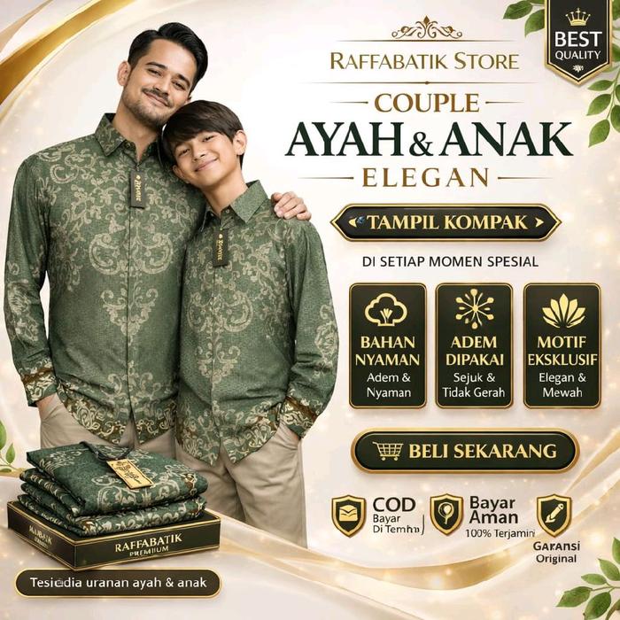 Batik Couple Ayah Anak Dolby Premium Motif Hijau Sage Modern Elegan Lengan Panjang Seragam