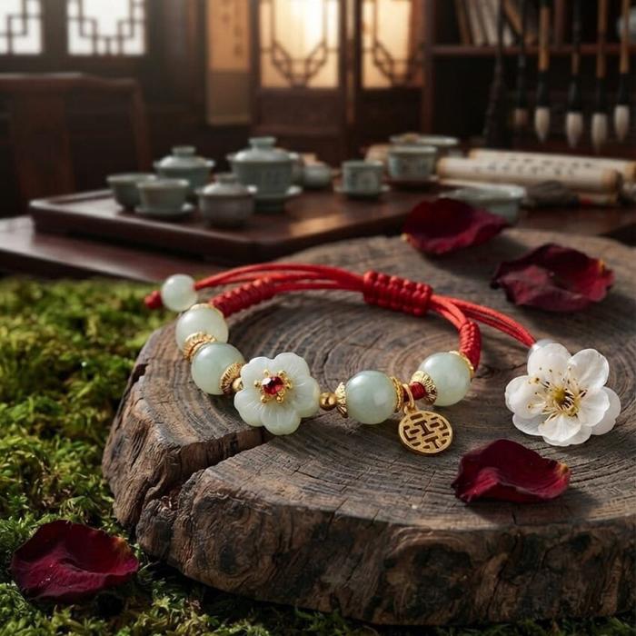 Gelang Tangan Merah degan mawar giok Batu Hijau dan Putih - Aksesori Fashion untuk Pria dan Wanita B