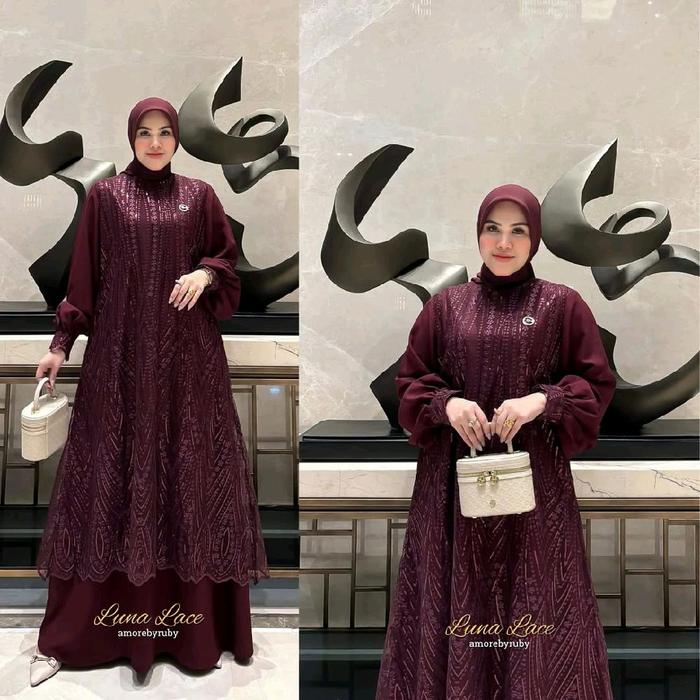 Laura Dress Mewah Buat Kondangan Gamis Pesta Brukat Combinasi Ceruty Babydoll Pakaian Wanita Muslim 