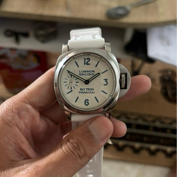 Panerai Jam Tangan Pria Luminor Daylight Sly Tech Dial Putih 44mm Strap Rubber Mulus Normal untuk Pr