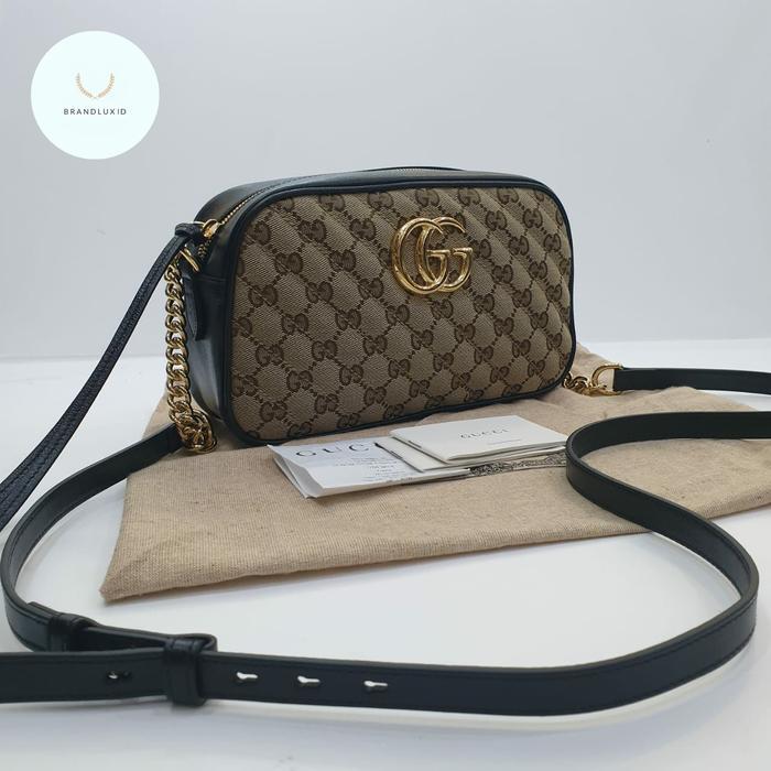 GUCCI MARMONT GG CANVAS CAMERA ZIP BEIGE GG BLACK LEATHER GHW