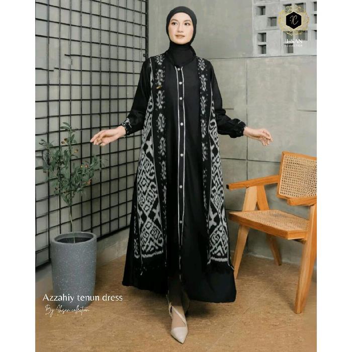 Ihsan Collection Azzahiy Dress Muslim Wanita kekinian (Gamis Tenun Pesta Hitam Panjang) - Gamis, Ten