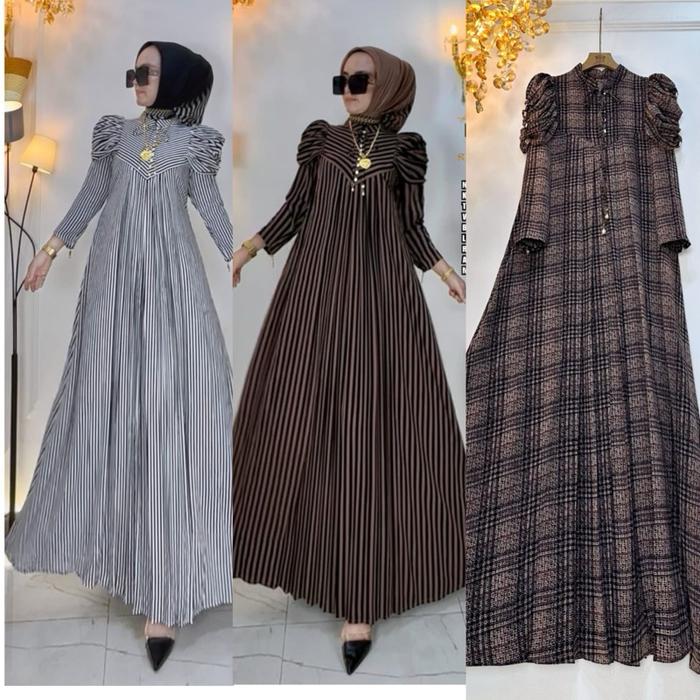SHR Maxi Dress Gamis Inces Wolfis Salur Kotak Anti Yuti Dan Strech original SHR