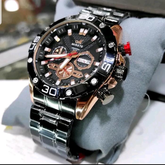 PRODUCK JAM TANGAN PRIA MIRETE ORIGINAL STAINLEES STEEL WATER RESISTANT !! Hitam Gold Elegan