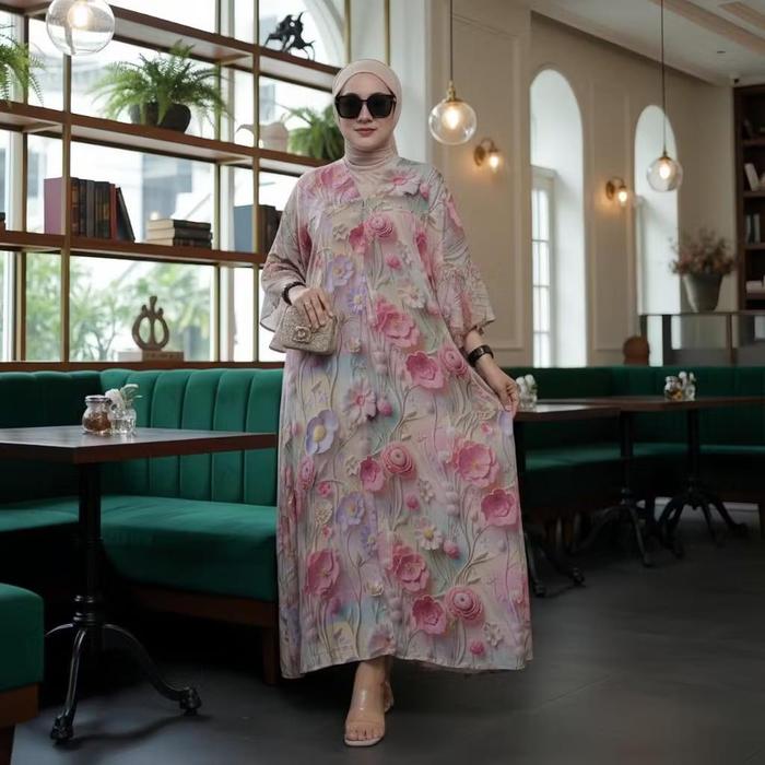 YURI Daster Gamis Terbaru Kekinian 2026 Bahan Rayon Motif Bunga Adem Elegan Ibu Menyusui Viral Diam