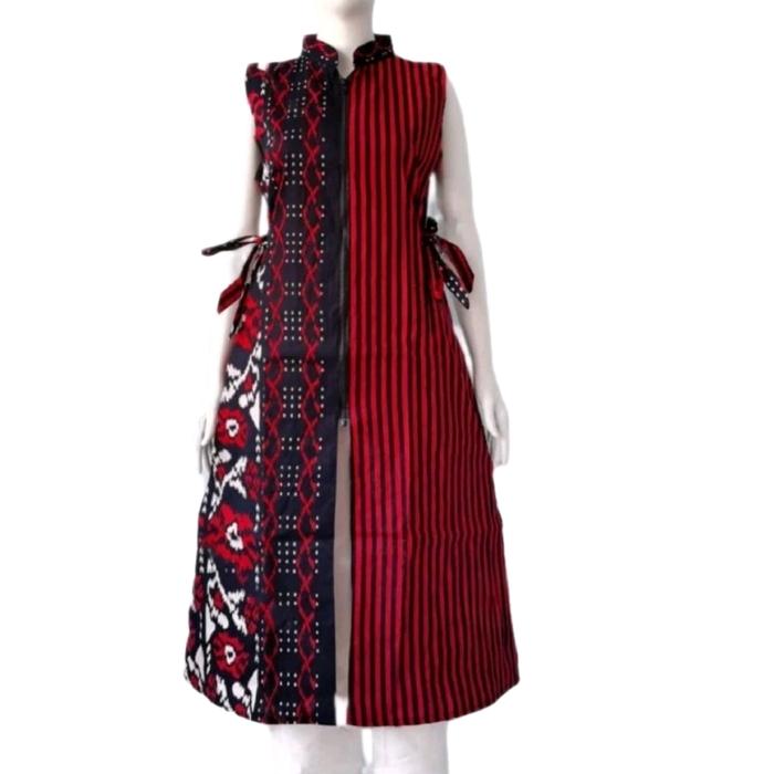 SIMIFASHION Long outer (Vest panjang) tanpa lengan Bahan Katun motif Etnik Tenun ikat