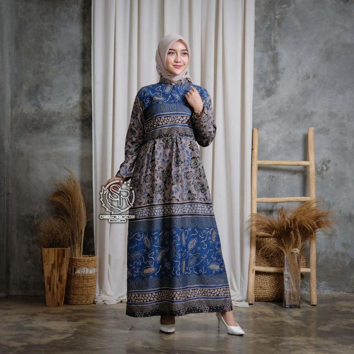 Gamis Modern Batik BSWART HRB026 Busui Resleting Depan Motif Daun Pisang, Gamis batik Kerah Sanghai