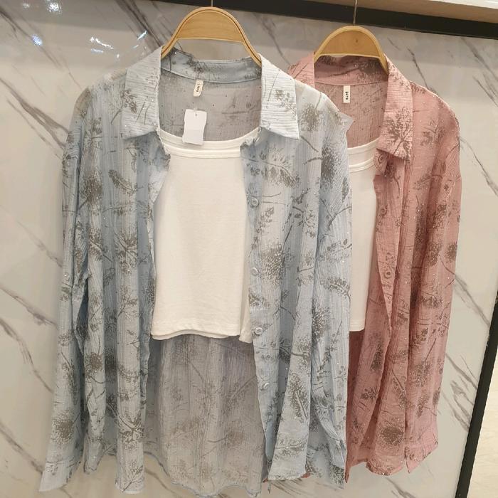 kemeja + tanktop inner oversize,manik-manik