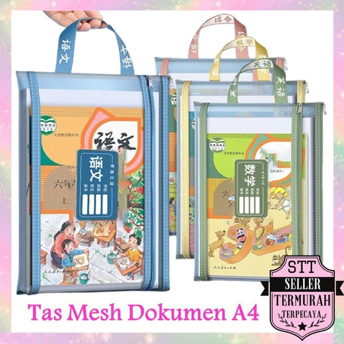 STT Tas Buku dan Alat Tulis Map A4 Dua Slot File Folder Tas Mesh Dokumen Transparant A4 Zipper  2 in