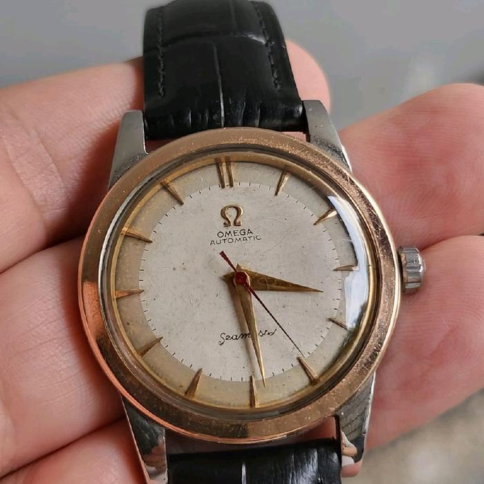 Omega Jam Tangan Seamaster Vintage Automaric Bumper Fashion Pria dengan Tali Kulit Hitam dan Desain 