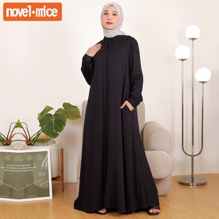 Novel Mice | Gamis Wanita Rayon Polos Black | Dress Wanita Lengan Panjang Motif Polos