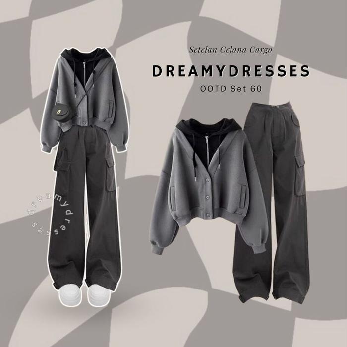 One Set 60 - Outfit Study Tour OOTD Cewe Mamba Setelan Wanita Korea Set Celana Cargo Set Wanita Keki
