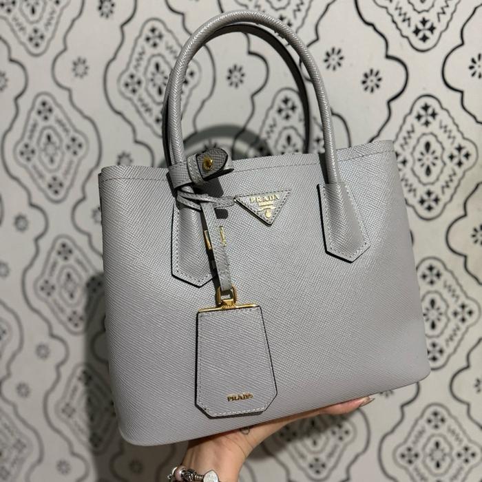 Authentic Tas Prada Saffiano Cuir Small Tote Light Grey