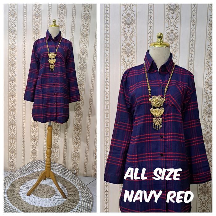 Tunik (Mini Dress) Kemeja Katun Flanel Import Kotak2 Saku Fungsi