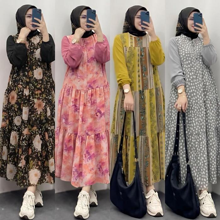 MODENA DRESS BTC SOLO BAHAN CERUTI FULL FURING LD 110 PANJANG 130CM MOTIF BUNGA