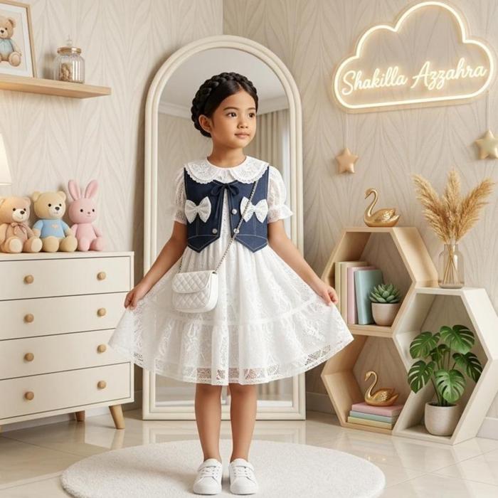 Fayolla Dress 2 in 1 jeans mix polkadot anak perempuan import korean style mix brukat Free Tass usia