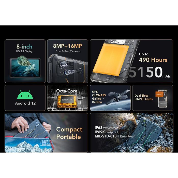 Oukitel RT3 Mini Rugged Tablet 8 Inch HD+ 5150 mAh 4GB+64GB Android