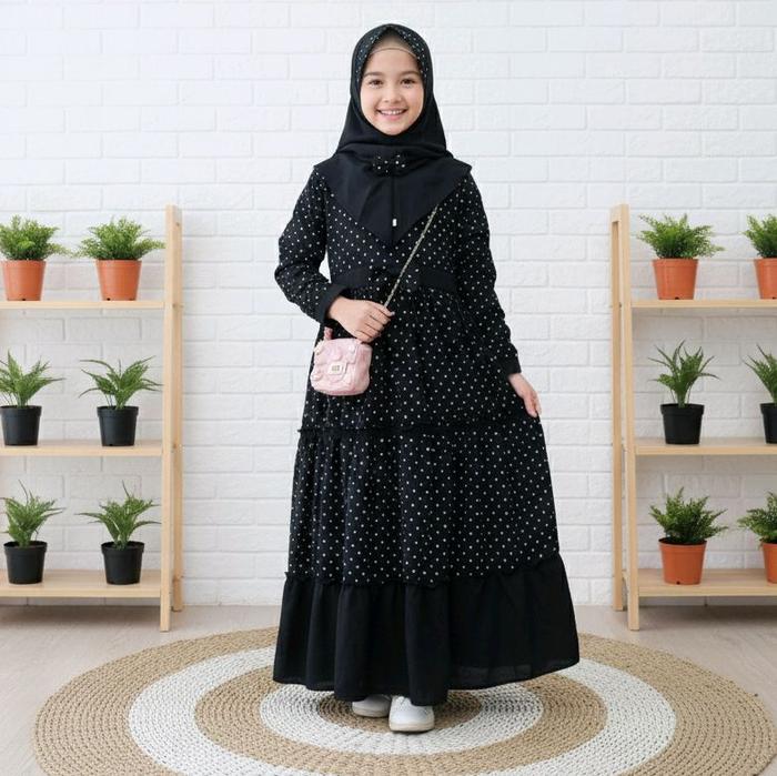 Drees Gamis Anak Premium Ceruty Motif Polkadot Free Hijab Usia Tanggung Muslim Syari Renda Cantik