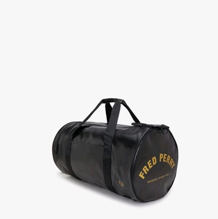 FRED PERRY BAG - TONAL LARGE BARREL BAG - BLACK/GOLD - 100% ORIGINAL