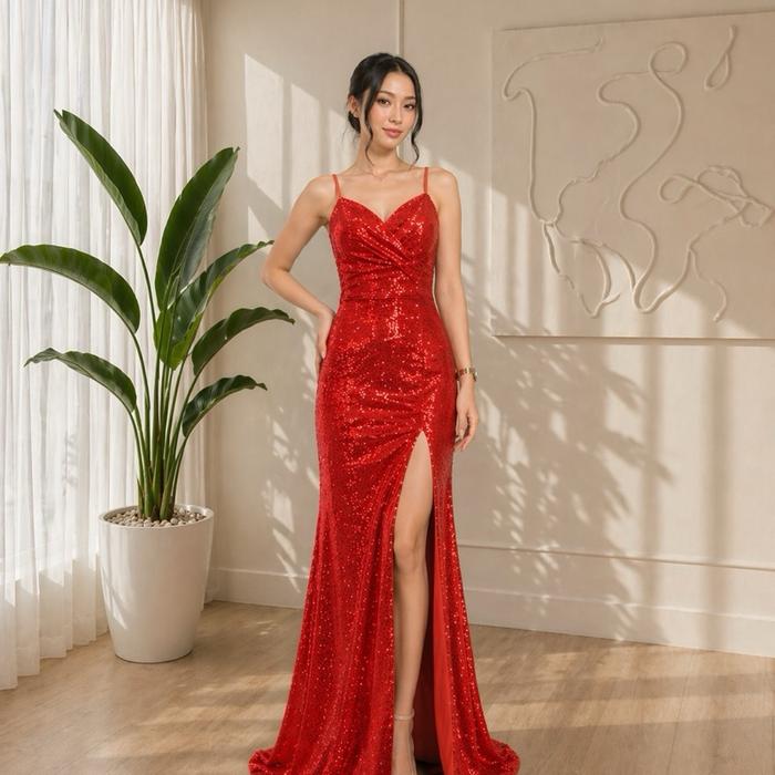 Adored - Raline Long Dress Gaun Payet Cross Tiban Tali Mewah Elegan 983