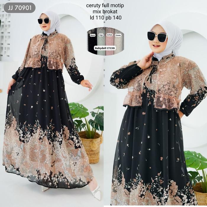 (PAKET ISI 2 PCS) JJ 70901 Gamis - TRESNA MUSLIM Gamis Ceruty Babydoll Motif Kombinasi Brukat Dada