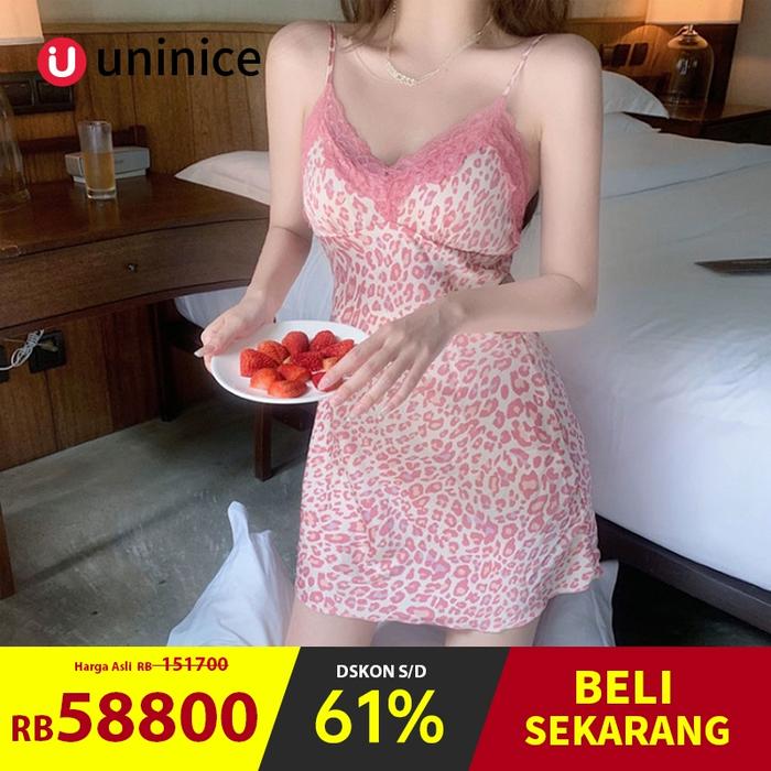 NEW Baju Tidur Seksi，Baju Tidur Tali Satu Macan Tutul Merah Muda Dengan Bantalana