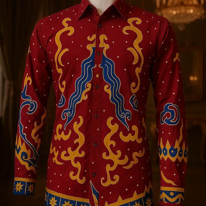 atasan kemeja pria motif batik lampung merah lengan panjang bahan katun premium Baju