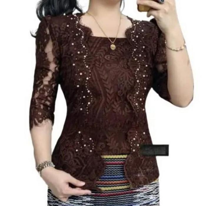 DIONS Blus Semi Prancis Kutu Baru Bahan Lembut Baju Kebaya Pesta Batak Hitam Mewah Panjang Dewasa Re