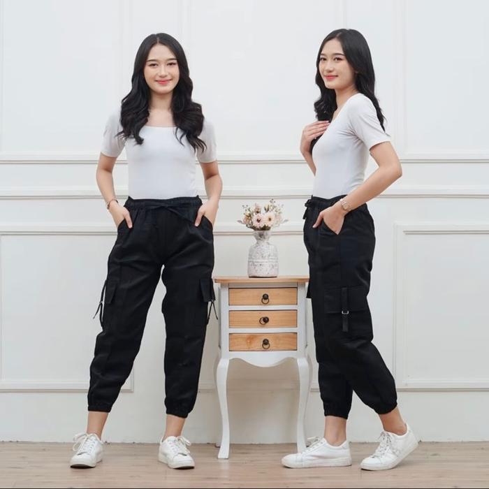 Celana Joger Cargo Wanita Panjang / Cargo Pants Tali / Saku Samping Casual Jogger Kaki Karet Baggy S