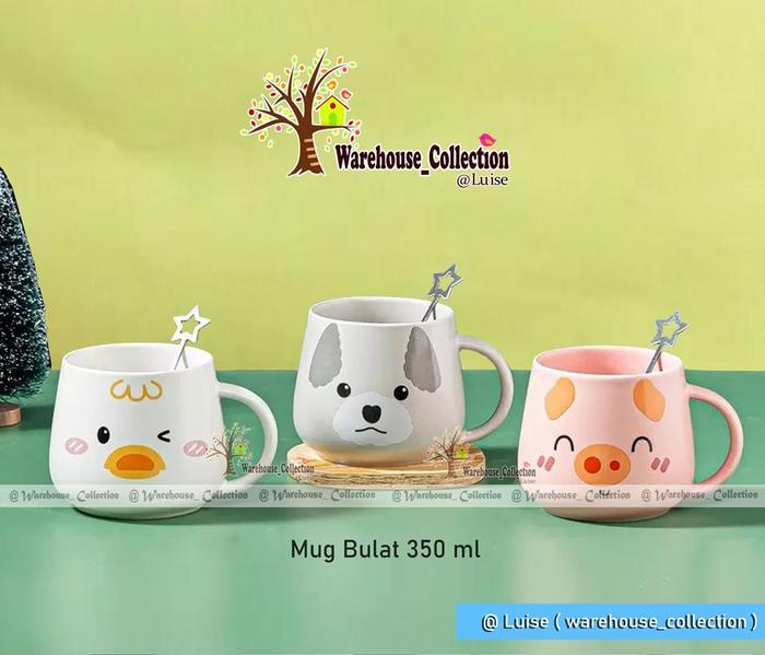 Mug Bulat Keramik/Mangkok bulat + sendok tanpa tutup /mug motif lucu/mug 400ml tanpa tutup/mangkok k
