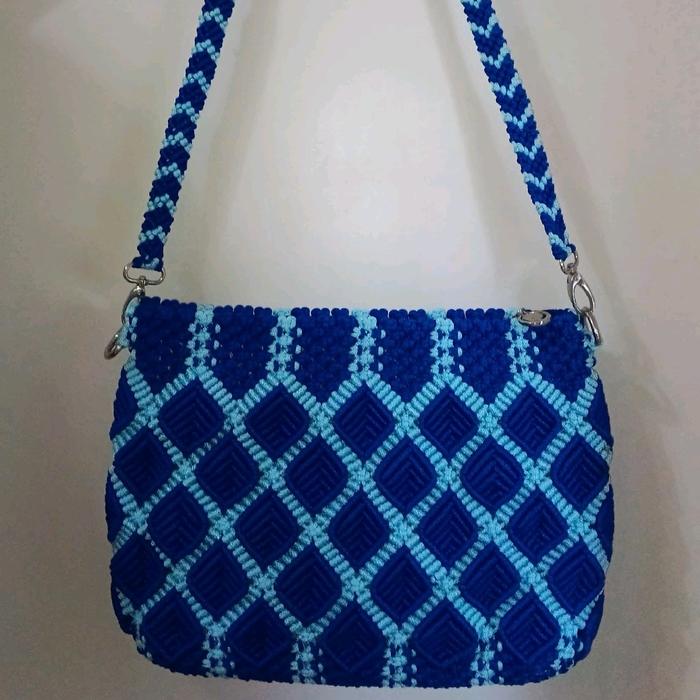 Tas Rajut Tali Kur Macrame Slempang Jumbo motif  daun warna biru