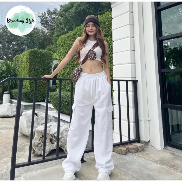 Promo Celana Panjang Kargo Cargo Jogger Long Pants Wanita White Putih Unisex M L XL Jumbo COD