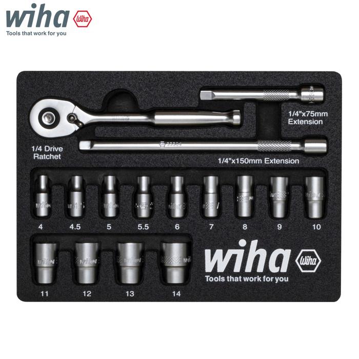 Wiha 44683 1/4'' Ratchet Wrench and Insert Set 17Pcs Tight Fastening